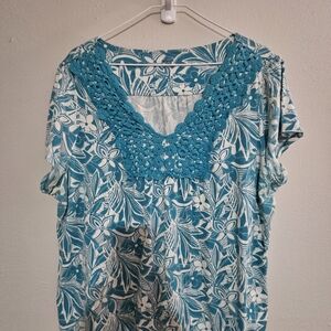 Style & Co. Teal Floral Crochet-Trim Tunic Top